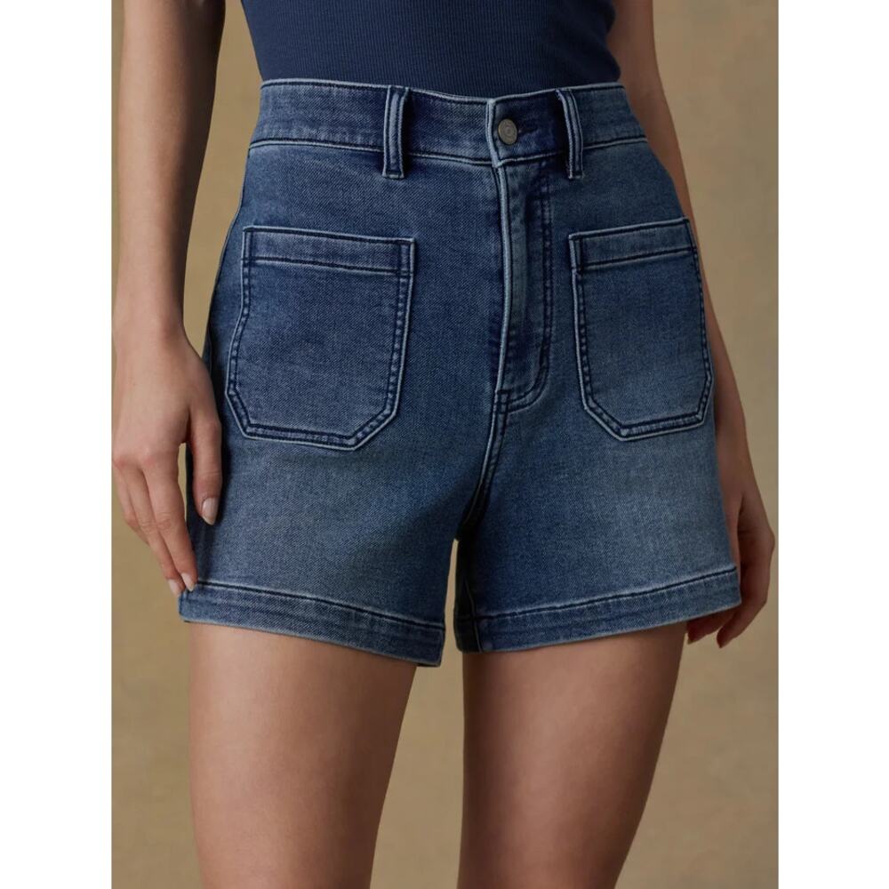 Faherty Stretch Terry Patch Pocket High Waisted Denim Shorts Riverton Blue Sz 26